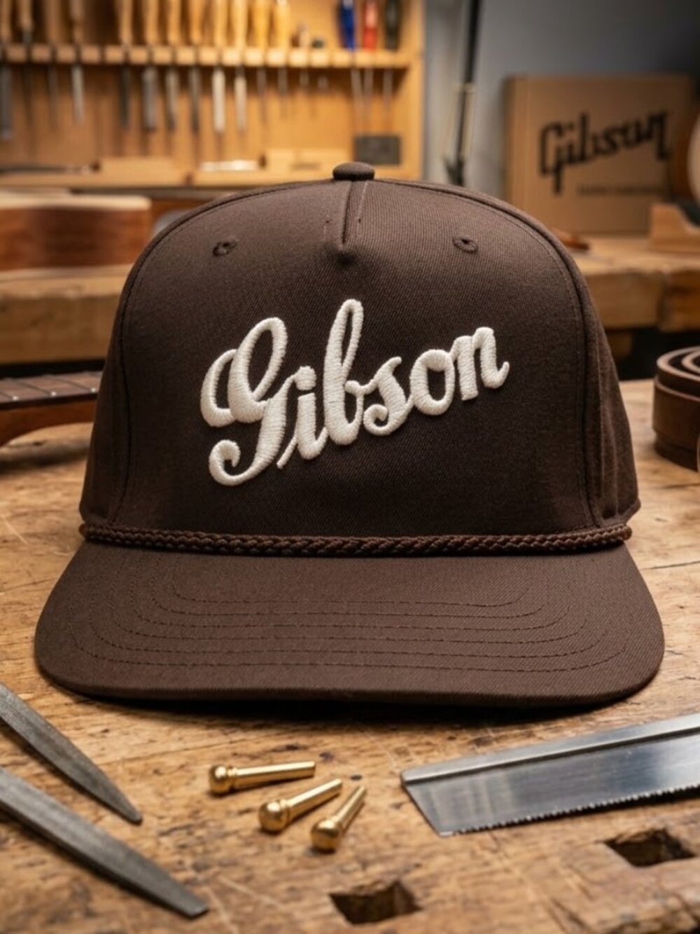 Gibson Guitar Hat Retro Script Embroidered OTTO Brown Full Cloth Rope Cap New